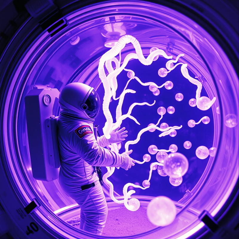 Lone Astronaut in a Reflective Silver Spacesuit Tending...