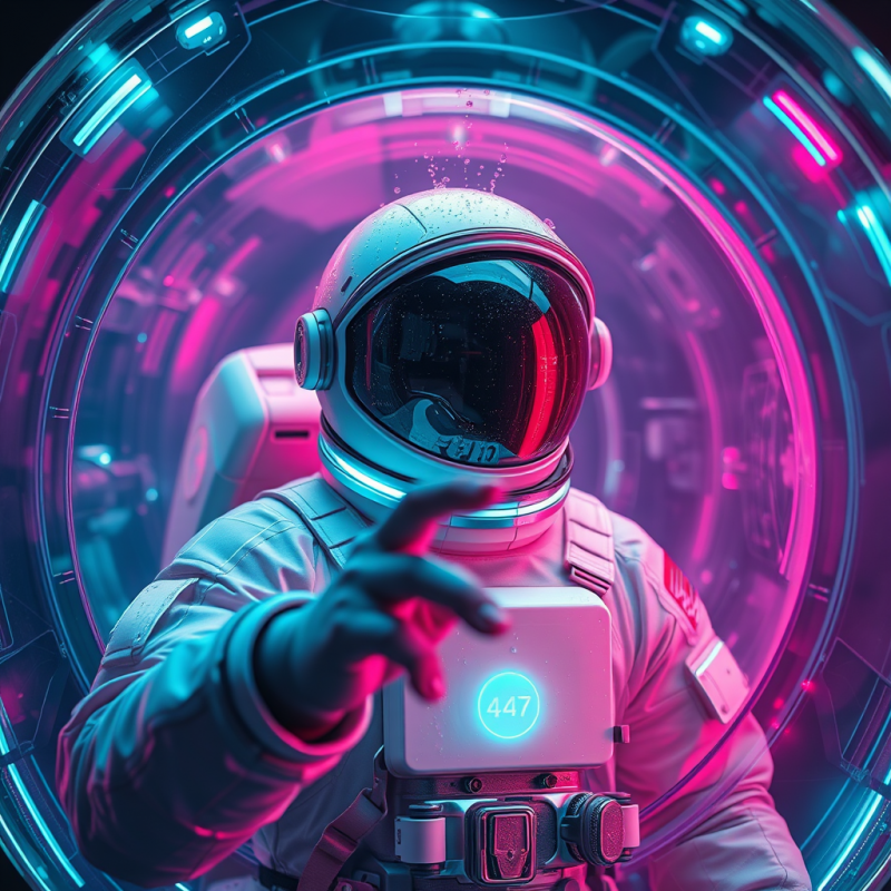 Lone Astronaut in a Retro-futuristic Suit Floats Inside...
