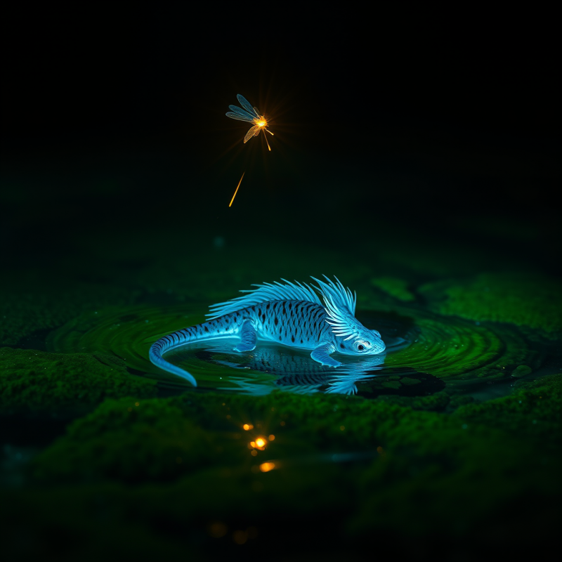 Lone Axolotl Curls in a Crystal-clear Bioluminescent Po...