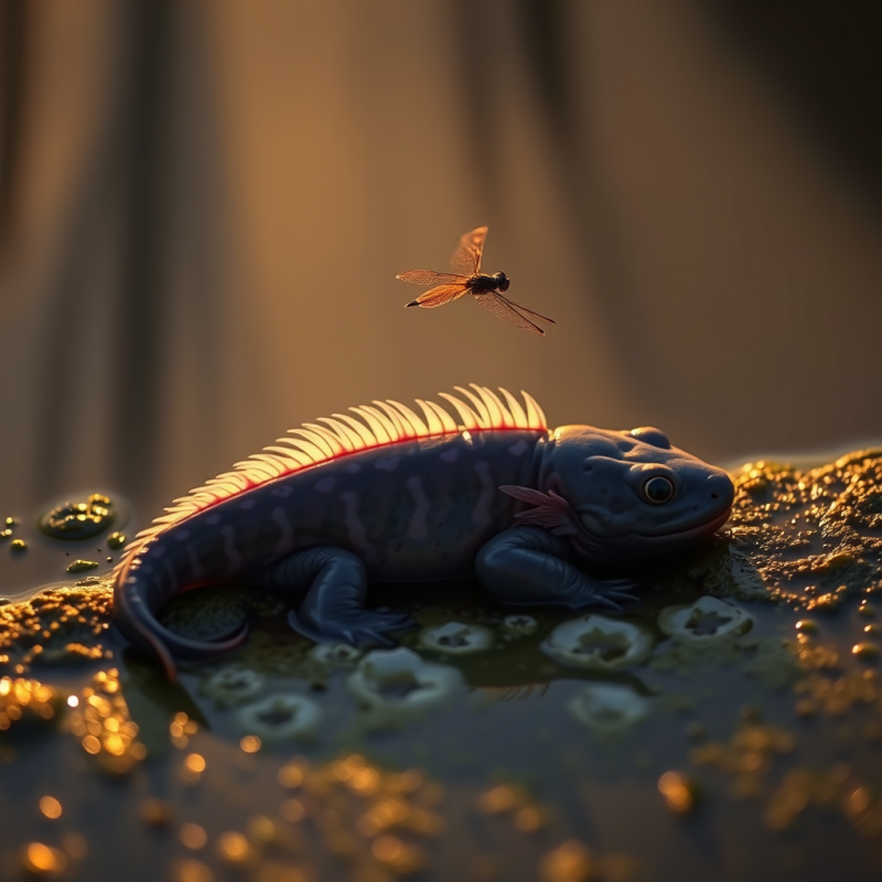 Lone Axolotl Resting on the Sun-warmed Edge of a Shallow