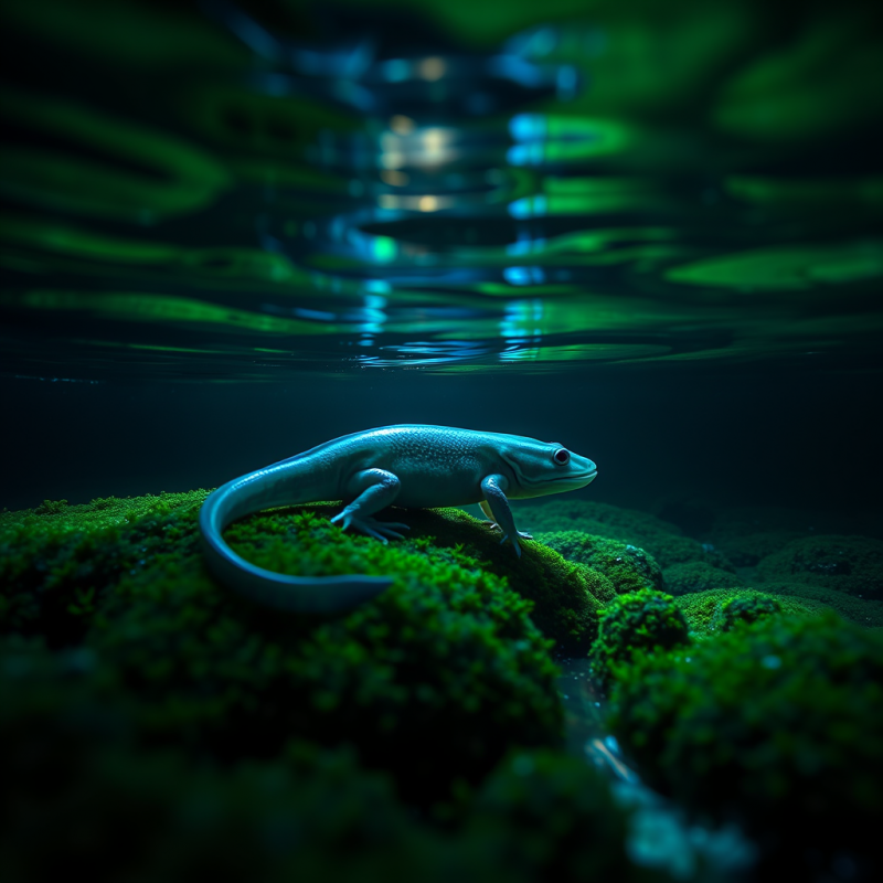 Lone Axolotl Rests on a Mossy Riverbed Beneath a Glowin...
