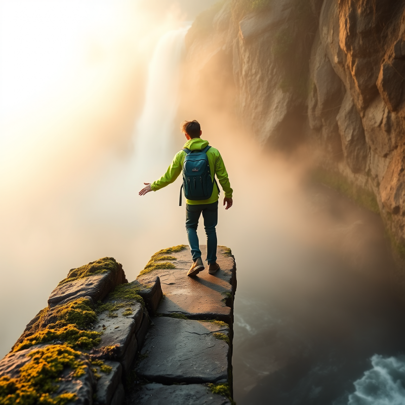 Lone Backpacker in a Faded Neon-green Jacket Balances O...