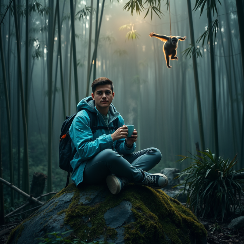 Lone Backpacker in a Faded Turquoise Jacket Sits Cross-...