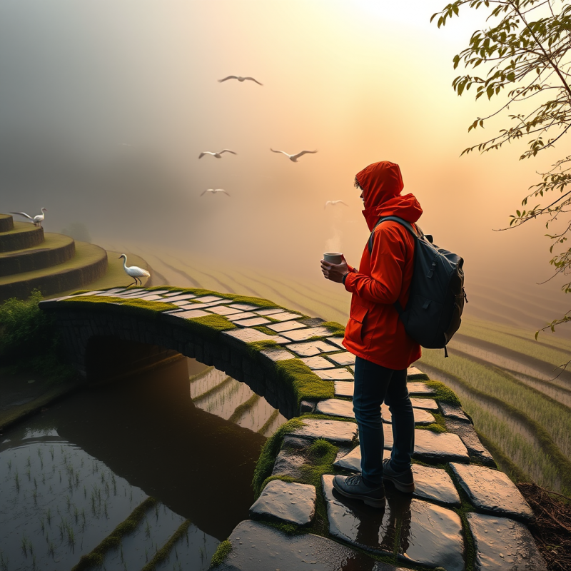 Lone Backpacker in a Neon-orange Rain Jacket Stands on ...