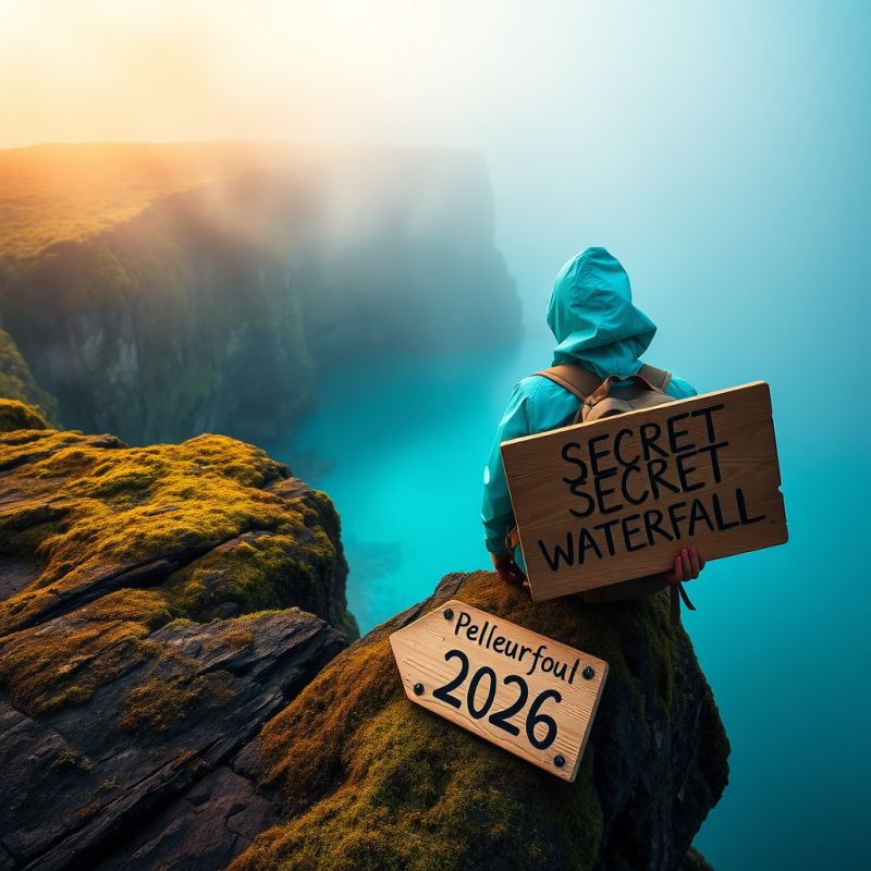 Lone Backpacker in a Vibrant Turquoise Raincoat Perches...