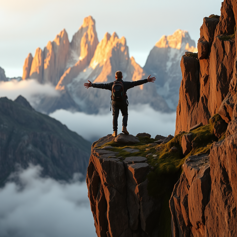 Lone Backpacker Perched on the Moss-slicked Edge of a C...