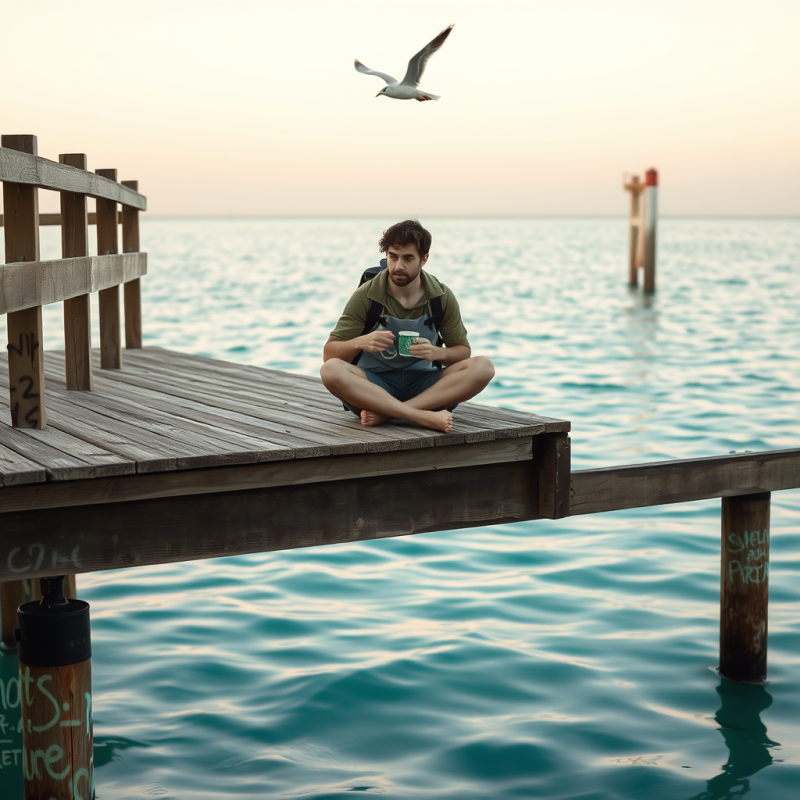 Lone Backpacker Sits Cross-legged on a Weathered Wooden...