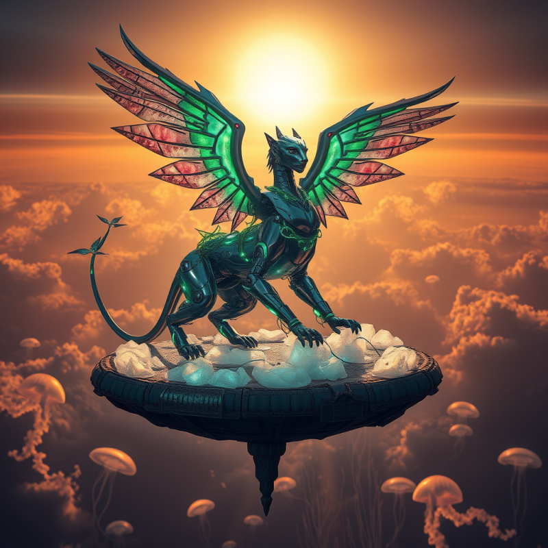 Lone Biomechanical Sphinx with Crystalline Wings Hovers...