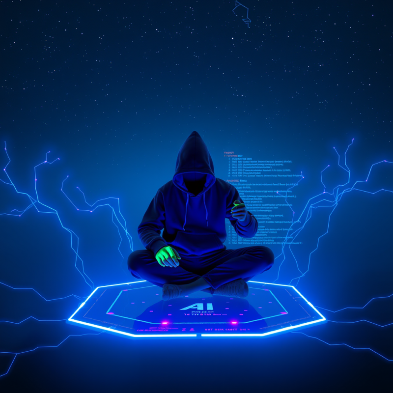 Lone Coder in a Midnight-blue Hoodie Sits Cross-legged ...