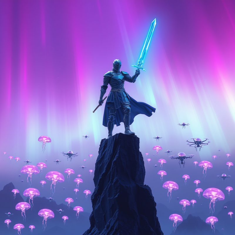 Lone Cyber-punk Knight in Iridescent Chrome Armor Stand...