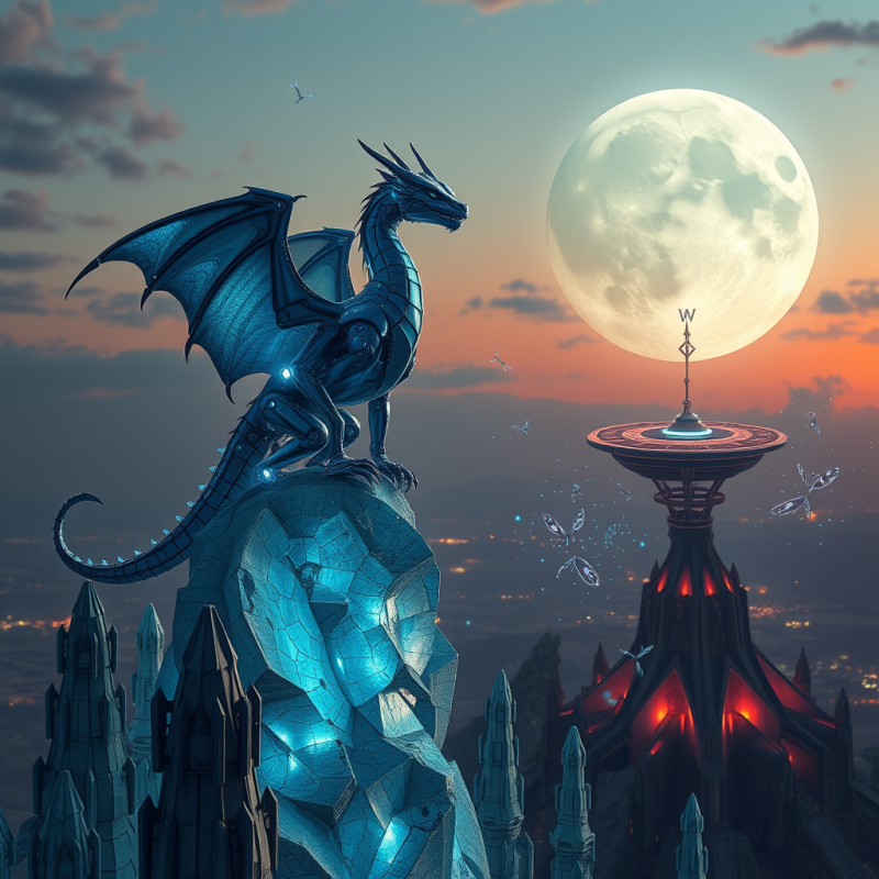 Lone Cybernetic Dragon with Iridescent Chrome Scales An...