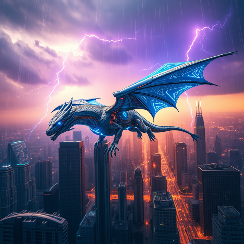 Lone Cybernetic Dragon with Shimmering Chrome Scales An...