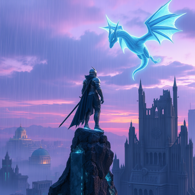 Lone Cybernetic Knight in Iridescent Chrome Armor Stand...