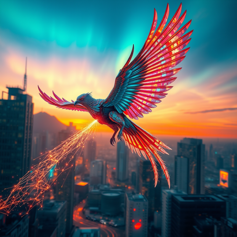 Lone Cybernetic Phoenix with Iridescent Feather Plating...