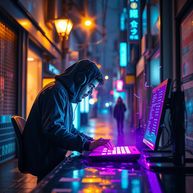Lone Cyberpunk-style Coder Hunched Over a Neon-drenched...