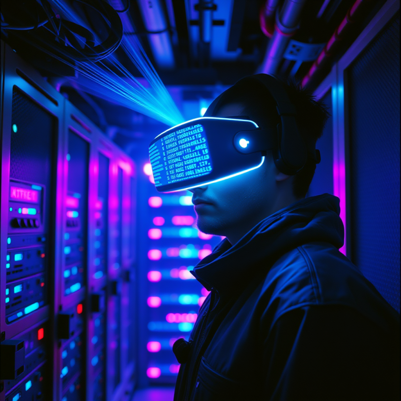 Lone Cyberpunk Technician in a Neon-drenched Undergroun...