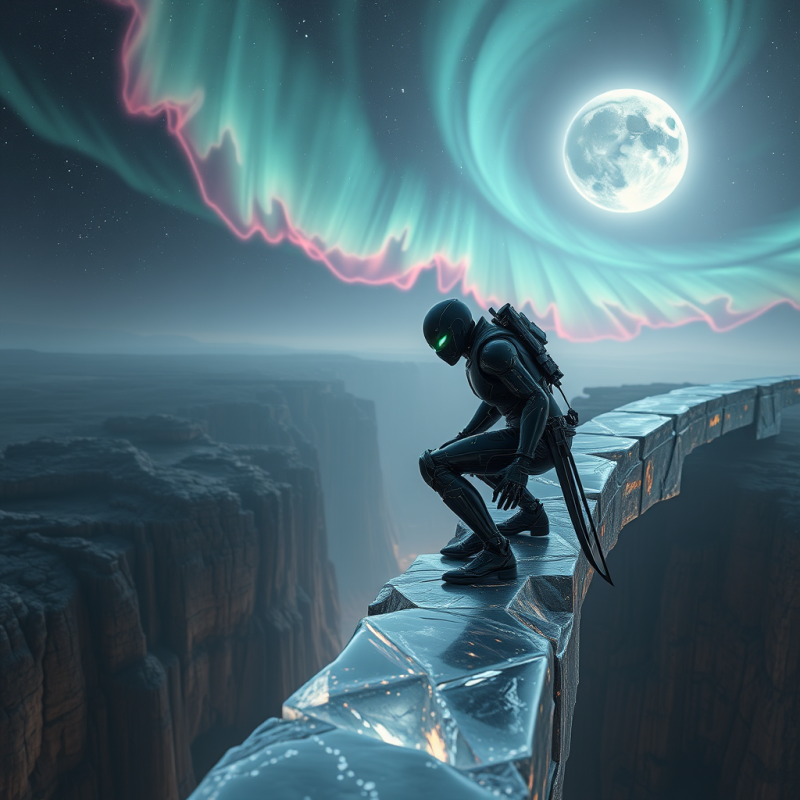 Lone Cyborg Assassin Clad in Obsidian Armor Adorned Wit...