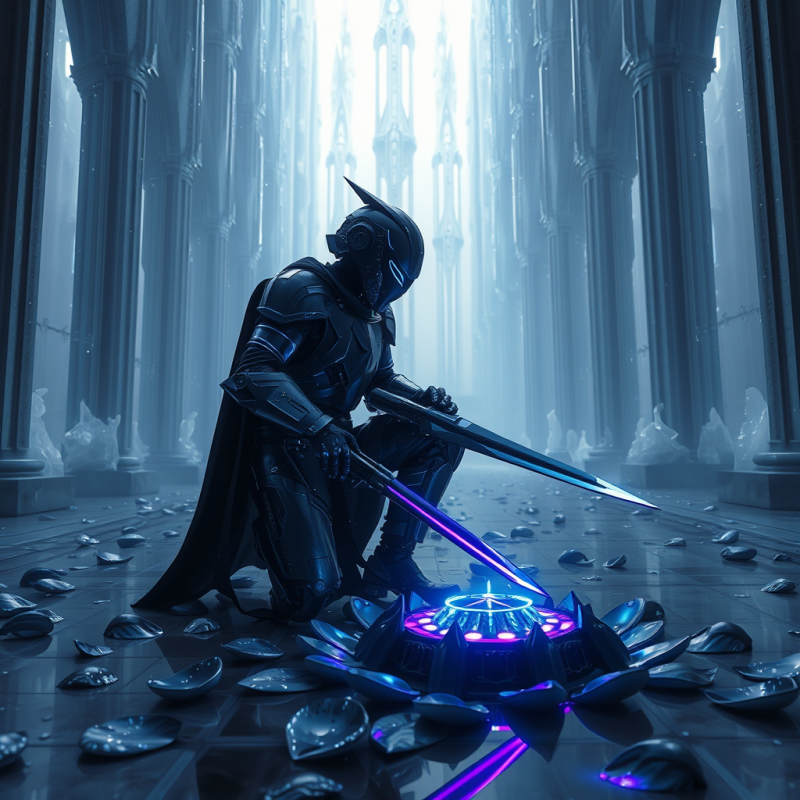 Lone Cyborg Knight Clad in Obsidian Armor with Biolumin...