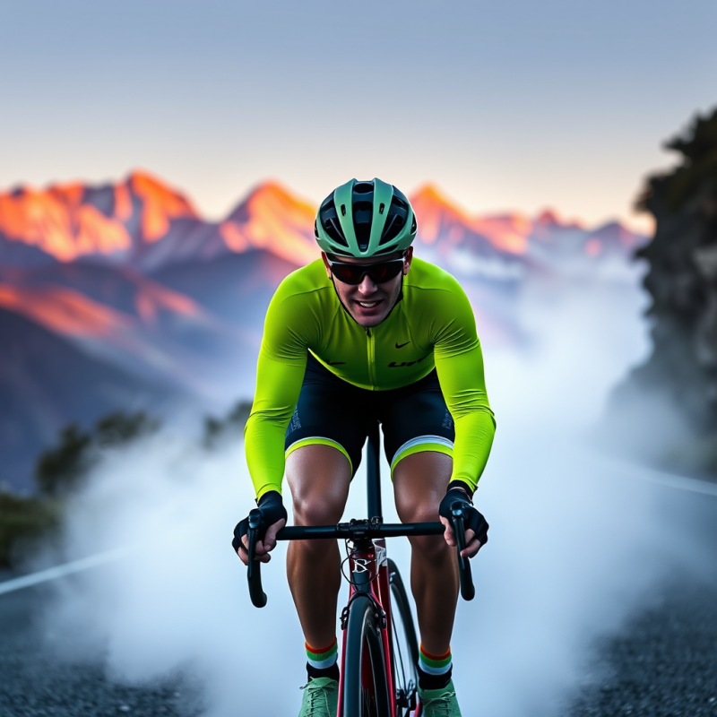 Lone Cyclist in a Neon-green Racing Jersey Pedals Throu...