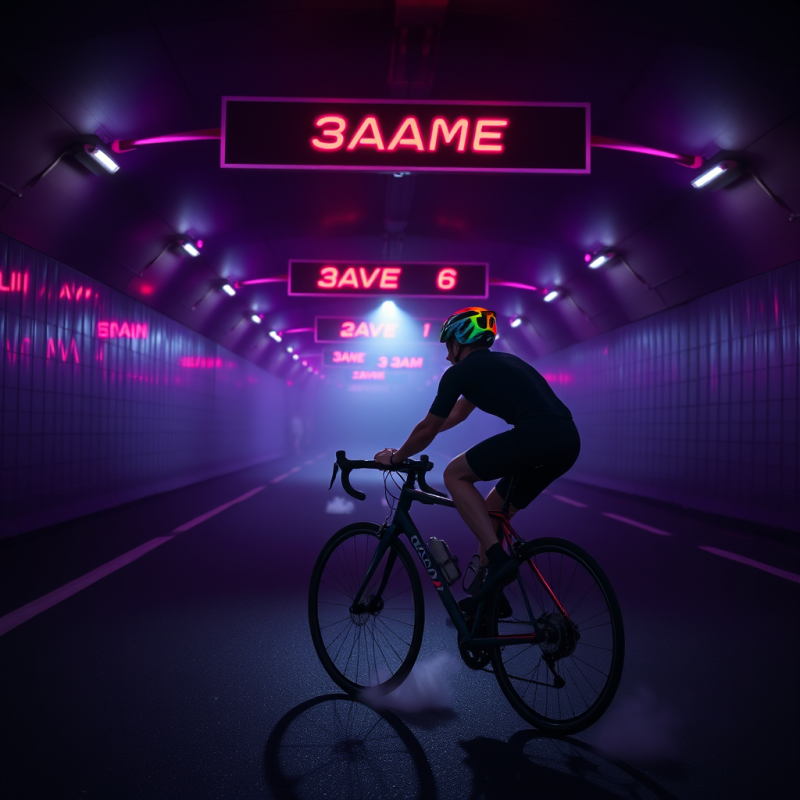 Lone Cyclist in a Neon-lit Tunnel at 3 Am