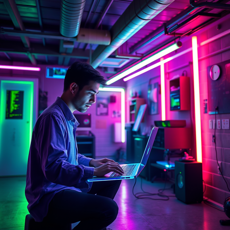 Lone Developer in a Neon-drenched Basement Lab