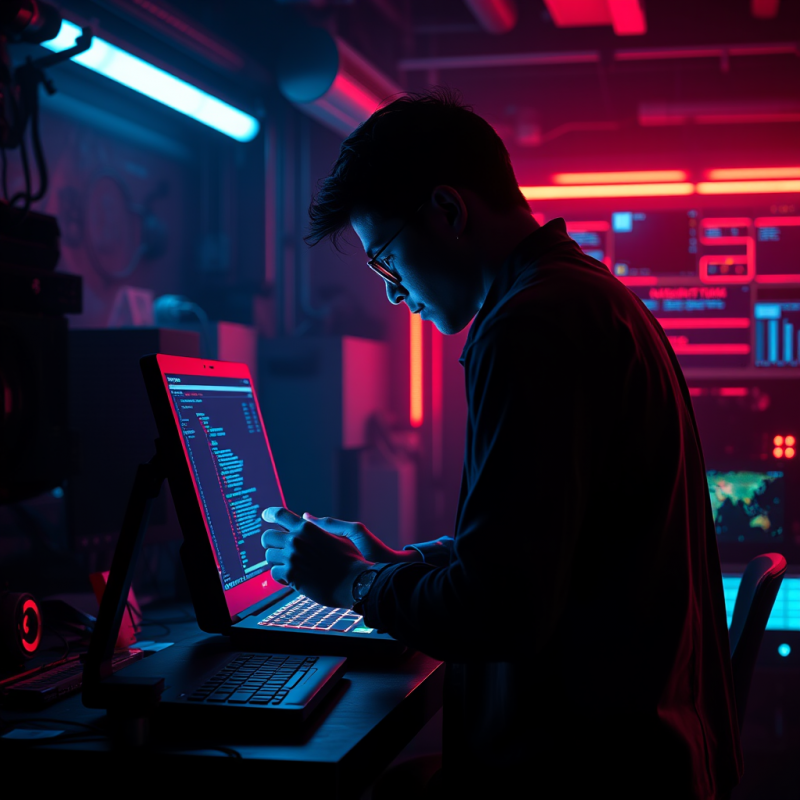 Lone Developer in a Neon-drenched Cyberpunk Lab