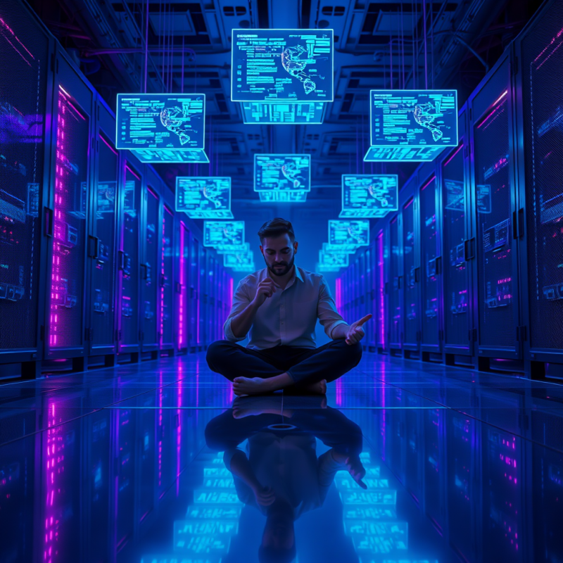 Lone Developer Sits Cross-legged on a Reflective Glass ...