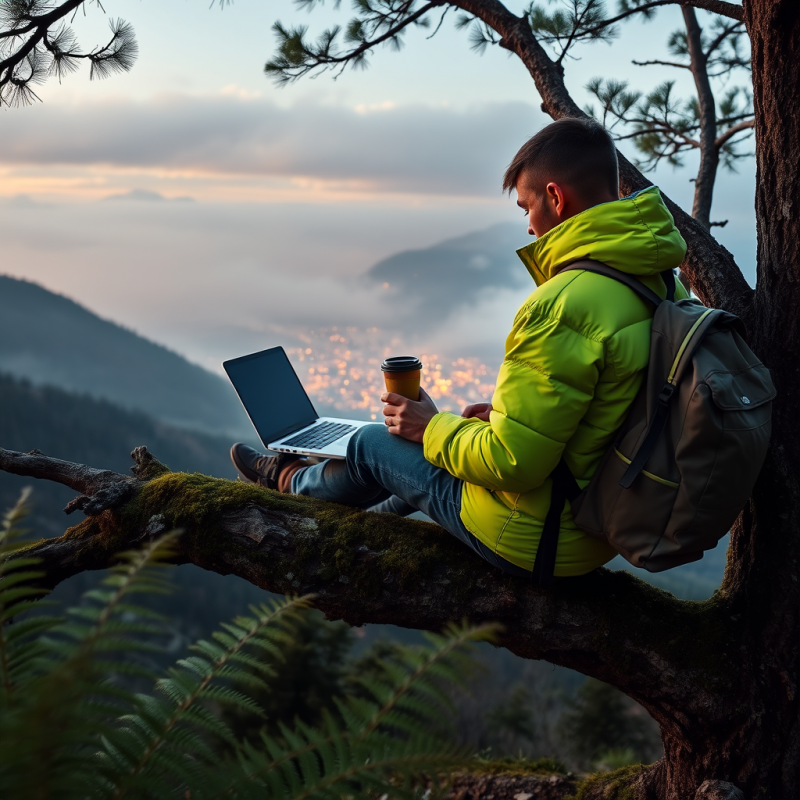 Lone Digital Nomad in a Neon-green Puffer Jacket Perche...