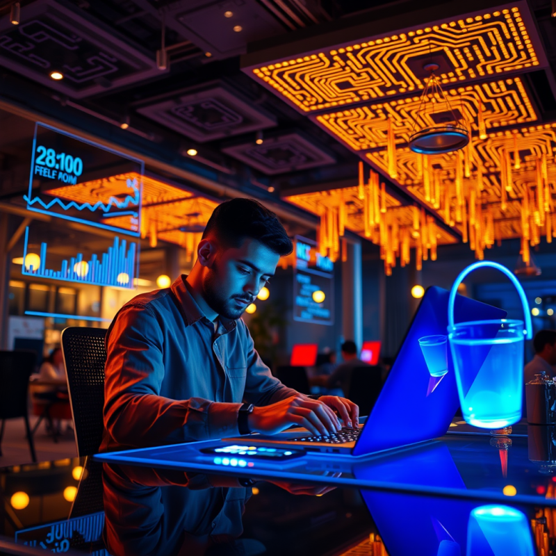 Lone Entrepreneur in a Neon-lit Co-working Space at Mid...