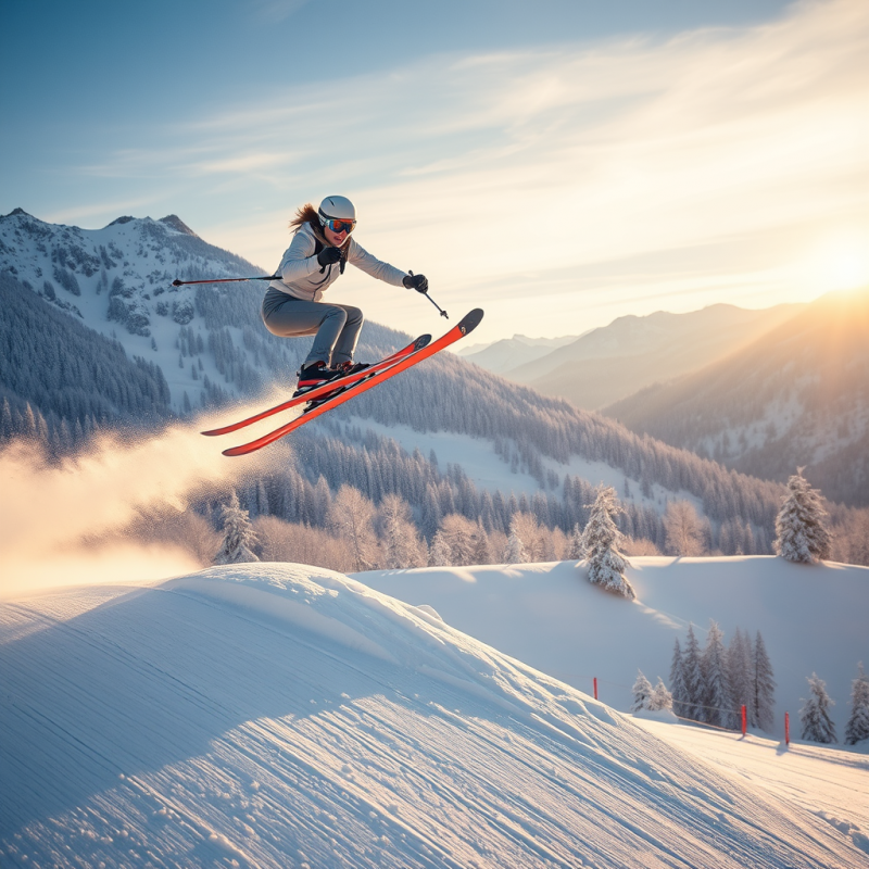 Lone Female Ski Jumper Soaring Mid-air Over a Frost-dus...