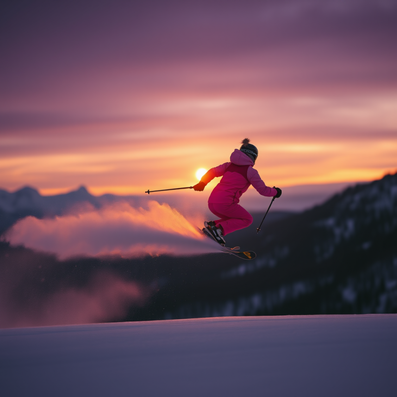 Lone Female Skier Mid-air at Dusk