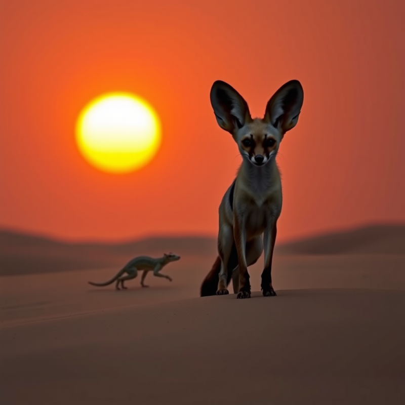 Lone Fennec Fox Stands Silhouetted Against a Glowing Am...