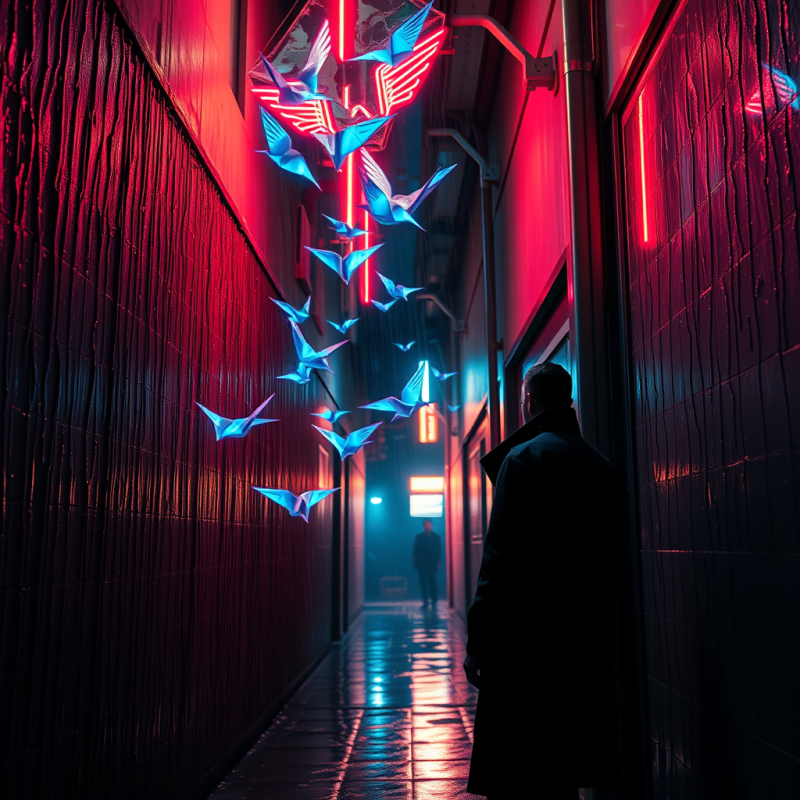 Lone Figure Walks Down a Rain-slicked Neon-lit