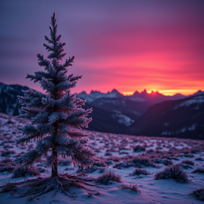 Lone Frost-covered Pine Stands in a Snowy Field as a