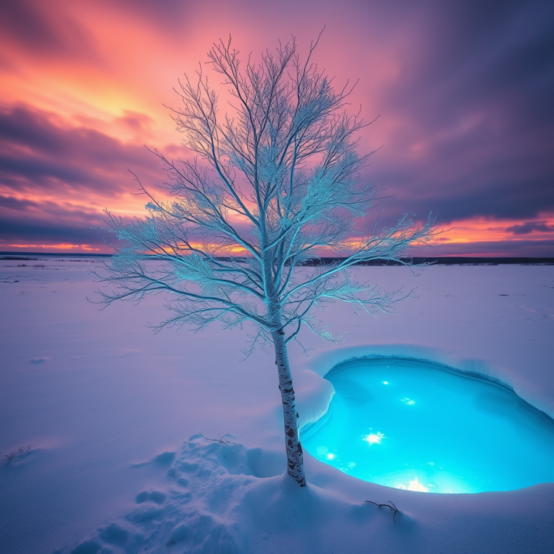 Lone, Frost-covered Tree Stands Beside a Glowing