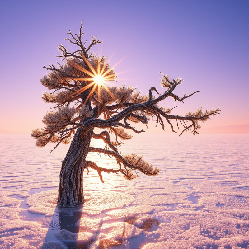 Lone, Frost-covered Tree Stands in a Snowy Expanse