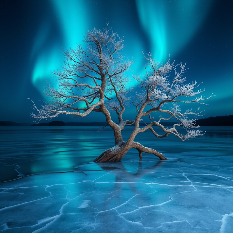 Lone, Frost-covered Tree Stands in Icy Waters Under