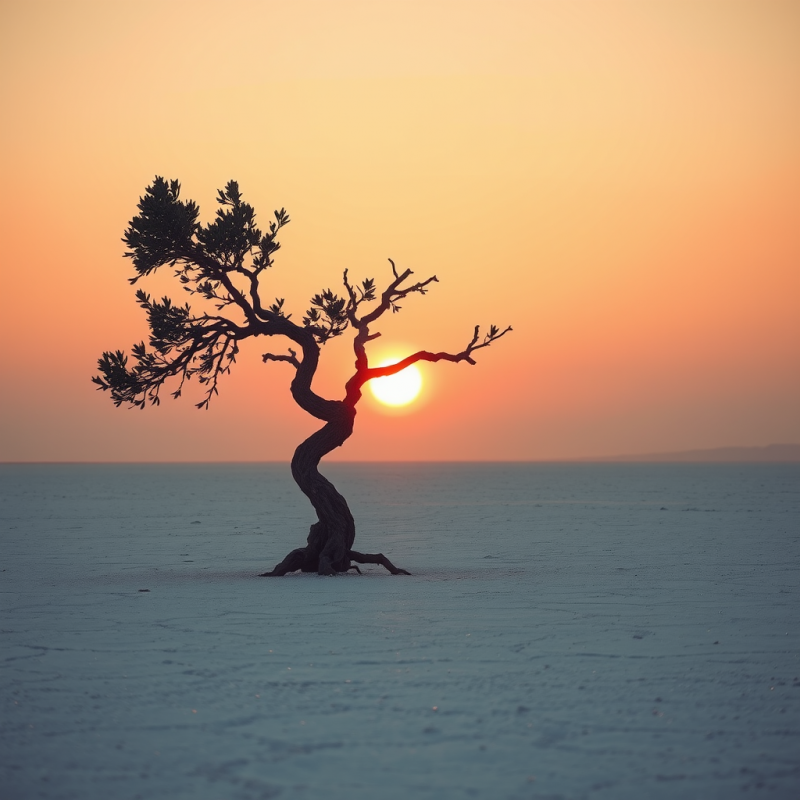 Lone, Gnarled Tree Stands in a Vast, Flat Landscape