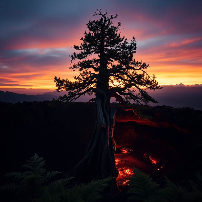 Lone, Gnarled Tree Stands Silhouetted Against a