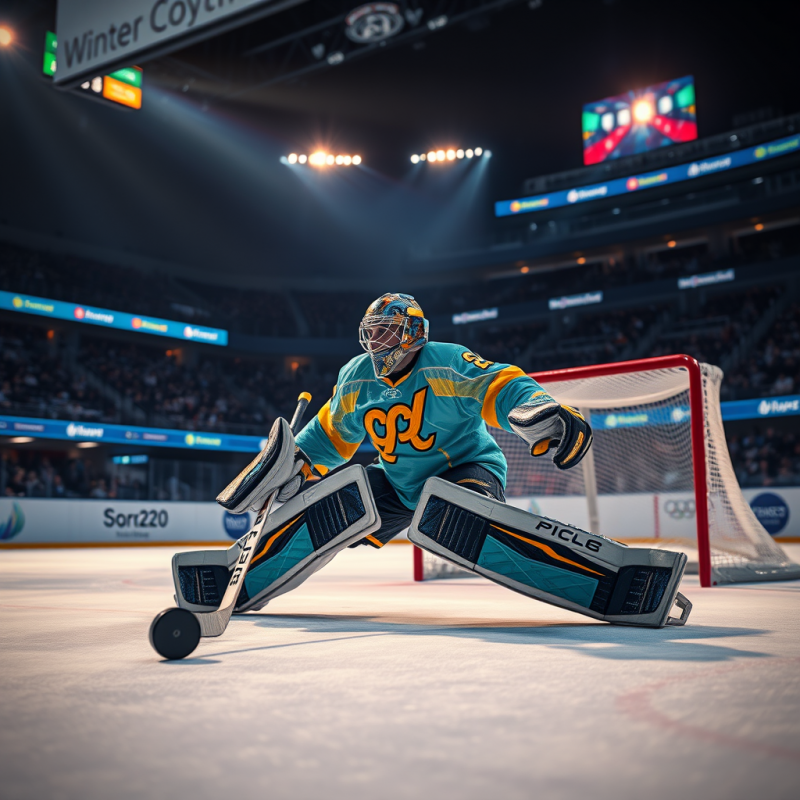 Lone Ice Hockey Goalie Mid-dive in a Neon-lit Rink Duri...