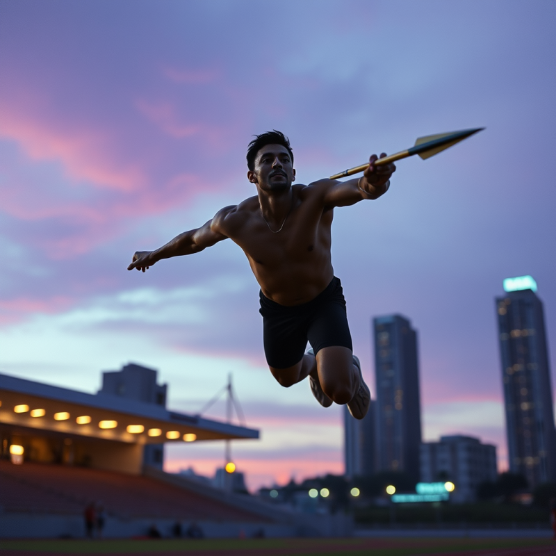 Lone Javelin Thrower in Mid-air Against a Neon-drenched...