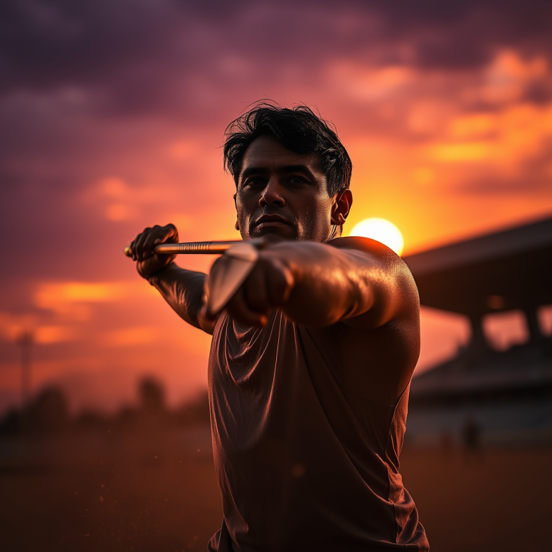 Lone Javelin Thrower Mid-arc Under Golden Sunset