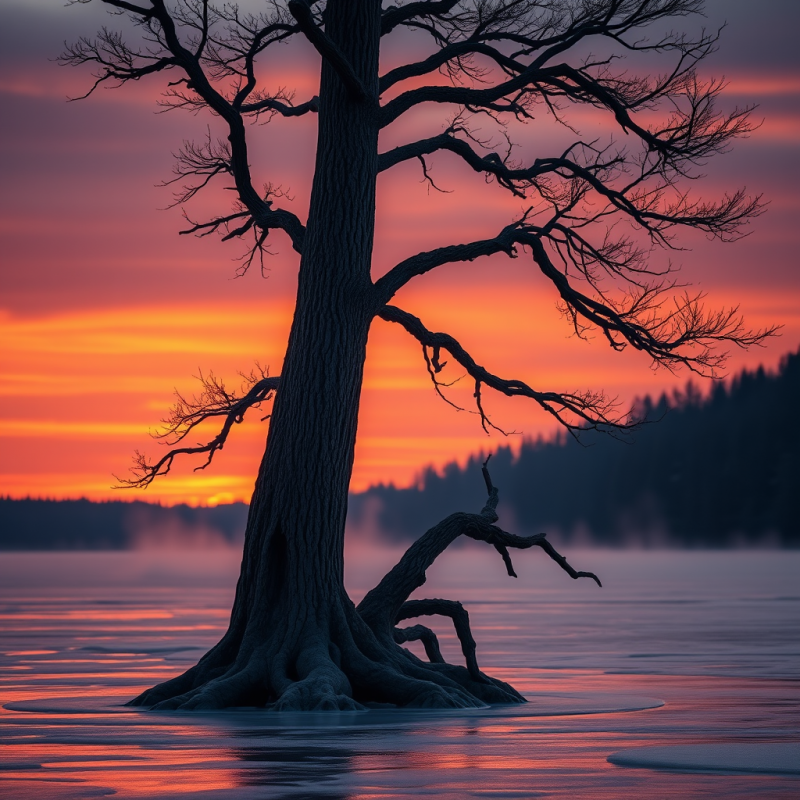 Lone, Leafless Tree Stands in Calm Water During a