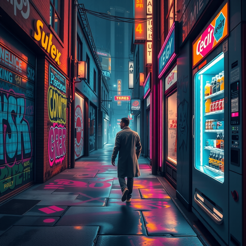 Lone Man Walks Down a Vibrant, Neon-lit Urban Alley
