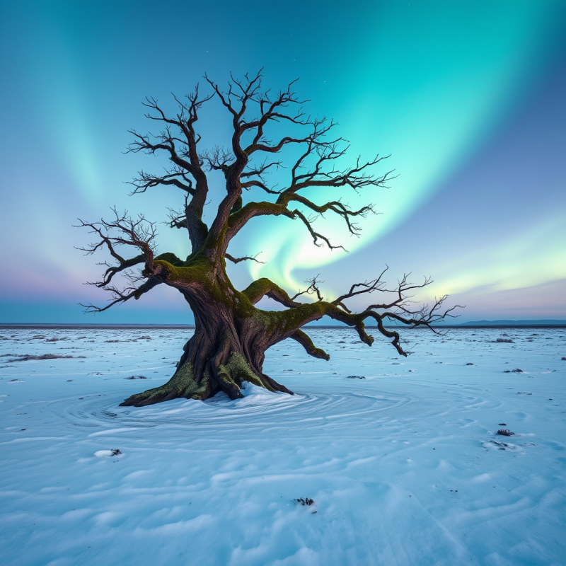 Lone, Moss-covered Tree Stands in a Snowy Field