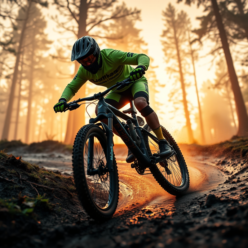 Lone Mountain Biker in Neon-green Gear Leans Into a Mud...