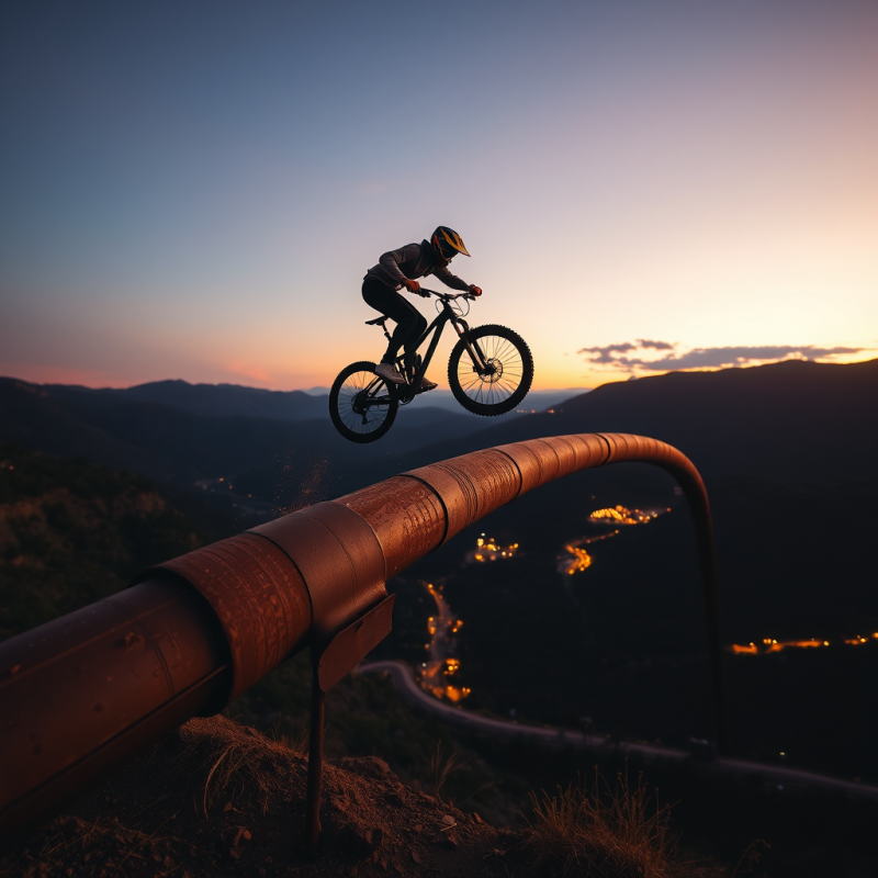 Lone Mountain Biker Mid-air After Launching Off a Ruste...