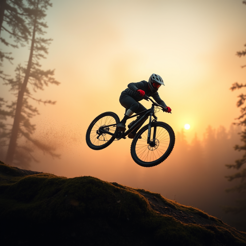 Lone Mountain Biker Mid-air After Launching Off a Mossy
