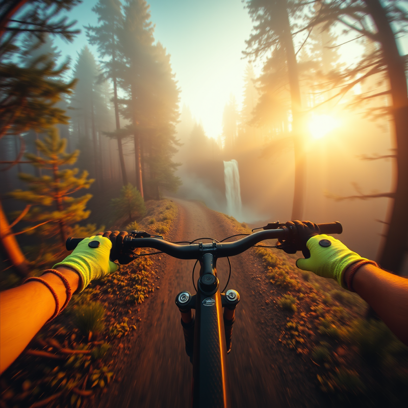 Lone Mountain Biker Mid-air Over a Misty Forest Trail A...