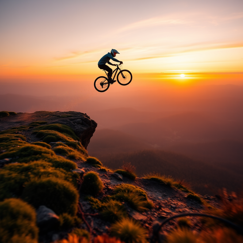 Lone Mountain Biker Mid-air Over a Moss-covered Cliff E...